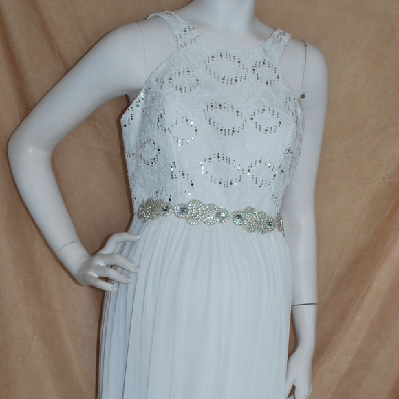 Long Ivory Lace Chiffon Rhines Round Neck Vneck - Picture 2 of 6